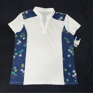IZOD Golf shirt White and Blue Palm Tree Polo top ladies large NWT